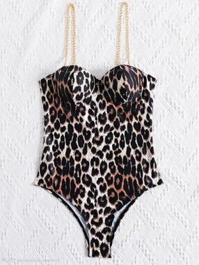 Leopard Print One-Piece Swimsuit with Gold Chain Straps NWOT
